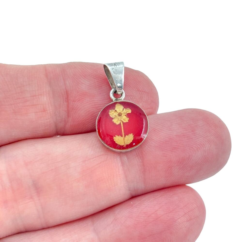 Vintage Sterling Silver 925 Red Pressed Flower Pendant